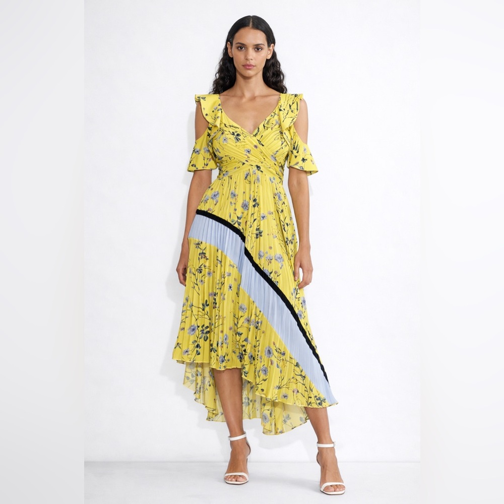 Self-Portrait Yellow Floral Pleated Asymmetrical Midi Dress US 8💛✨